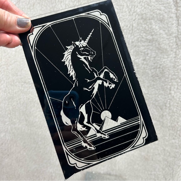 Painted glass vtg Lee Sales 1987 Unicorn black glitter silver 6" x 9" - Picture 5 of 10